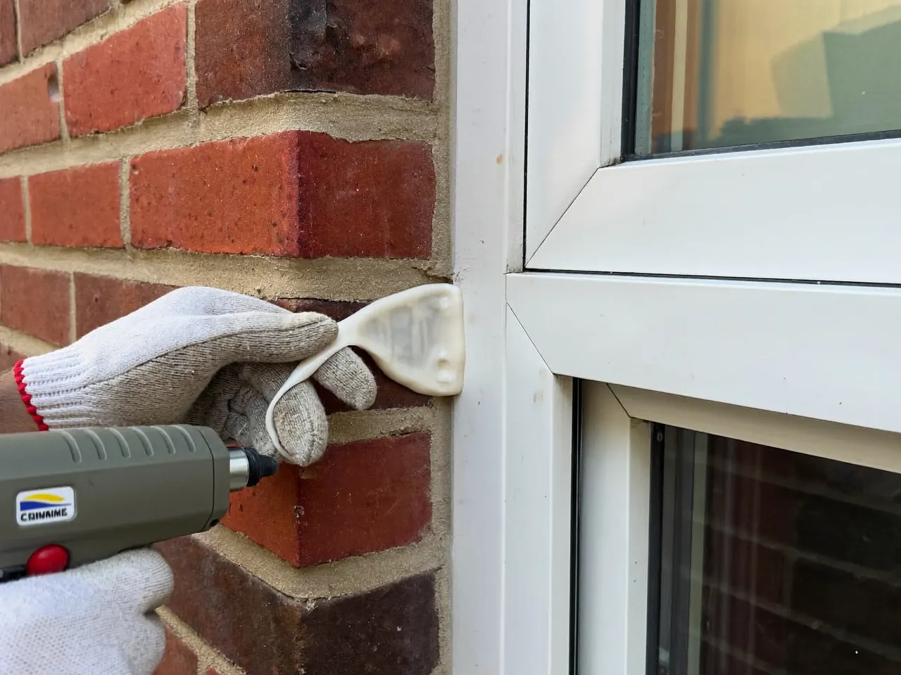 Close-up of a fitter sealing a new window frame