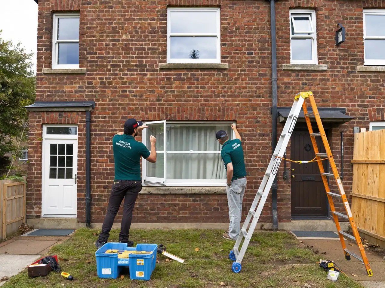 Installer team fitting a window on a UK house