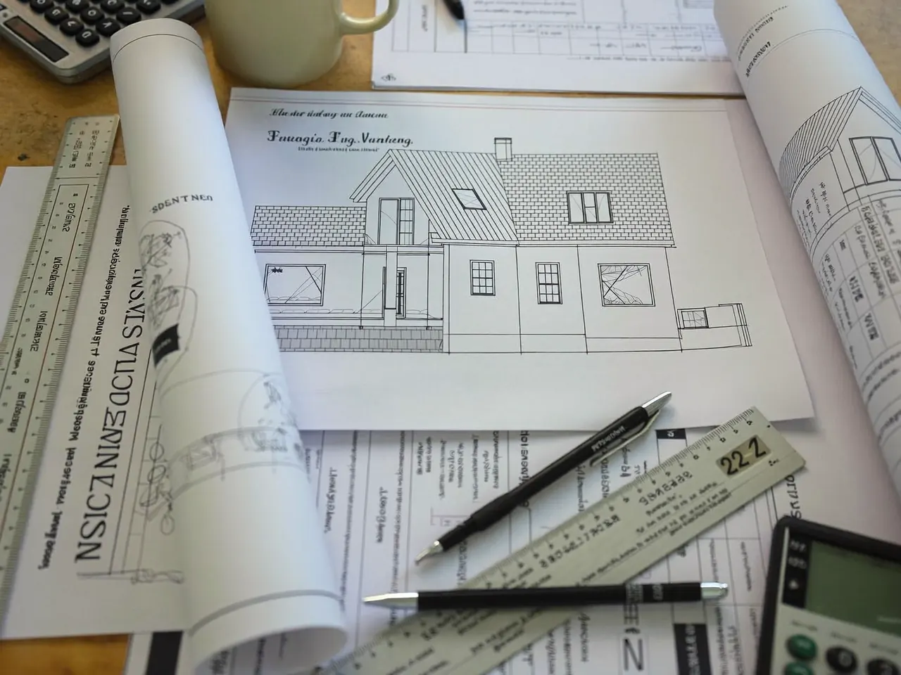 Planning notes and house plans laid out on a desk