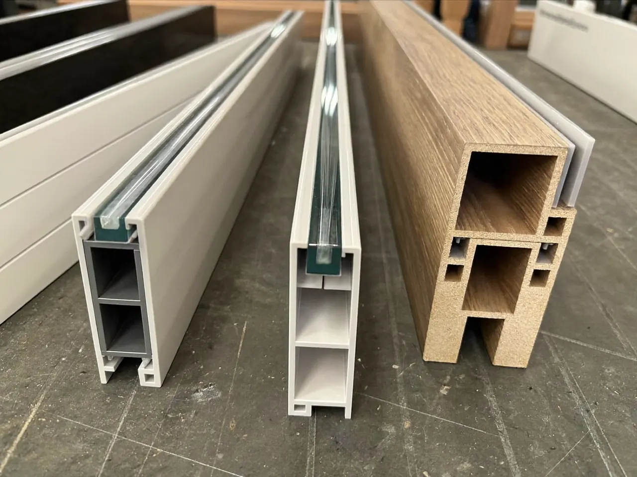 Sample uPVC and aluminium window frame corners on a bench